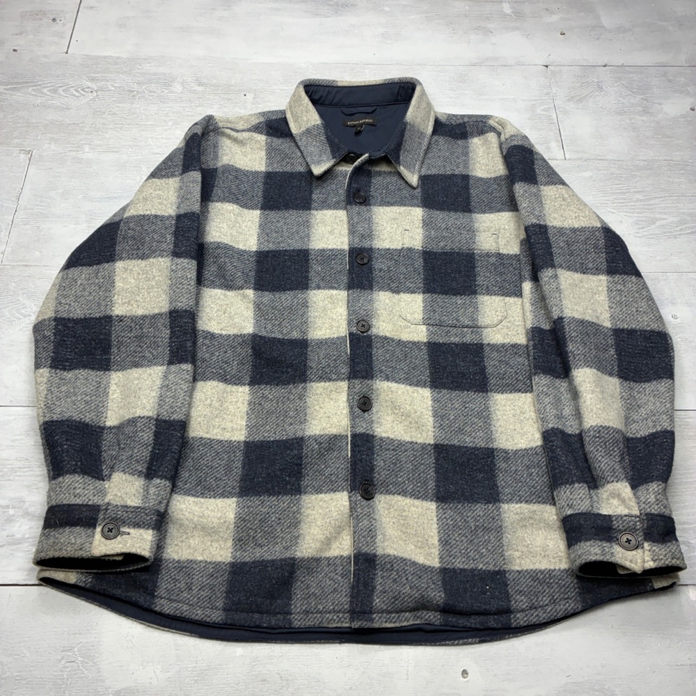 Banana Republic Shirt Jacket Mens XXL Gray Navy Buffalo Plaid Quilted Shacket